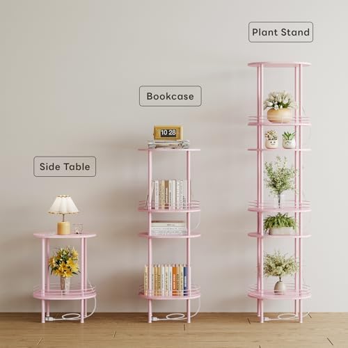 Small Oval Side Table with Charging Station, 2-Tier Pink Round End Table