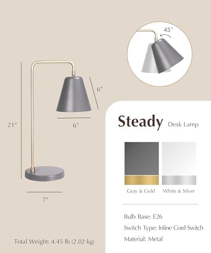 HarvestLand Steady Desk Lamp, Reading Lamp for Home Office, Grey Brass