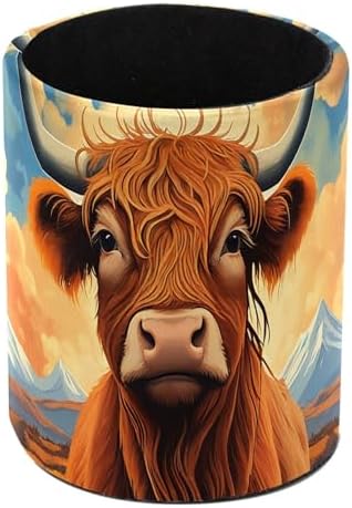 Highland Cow Pen Holder Pencil Organizer Cute Pencil Cup Desk Decor Makeup Brush Holder PU Multifunctional Office Supplies for Home Classroom School