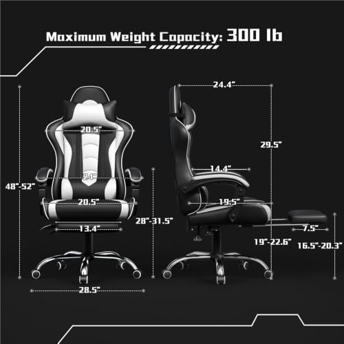 Yaheetech Gaming Chair with Footrest Massage Lumbar Pillow Black and White
