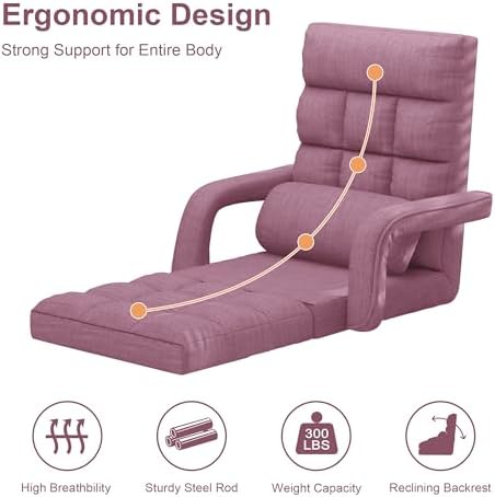 Adjustable Floor Gaming Chair for Adults, 6-Position Chaise Lounge Chair with Meditation Arm, Foldable Lazy Sofa with Pillow, Comfy Chair Indoor for Bedroom Dorm Living Room, Purple