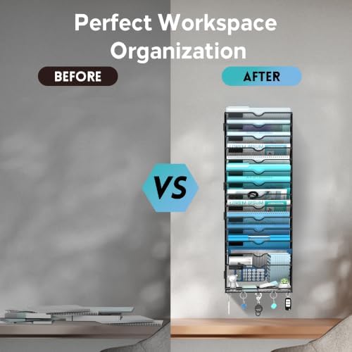 15 Tier Wall File Organizer - Hanging File Organizer with 5 Hooks, Mail Holder Wall Mounted for Papers, Folders, Magazines, Bills, Office&School Organization, Black