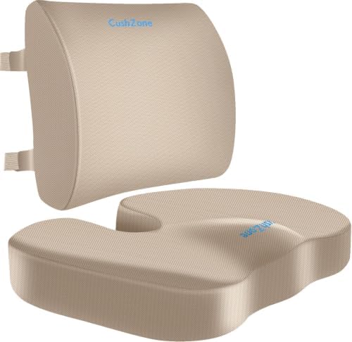 CushZone X-Large Seat Cushion and Lumbar Support Pillow for Office, Khaki