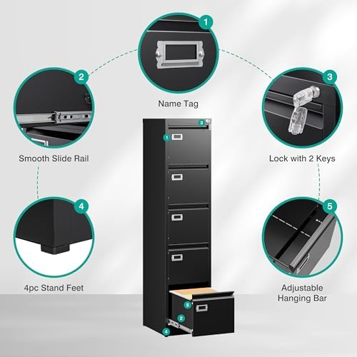 SISESOL 5 Drawer File Cabinet with Lock,Black Narrow Vertical File Cabinet Five Drawer,Tall Office Filing Cabinets,Metal Filing Cabinets for Home Office,Fit A4,Legal,Letter Size,-Assembly Required