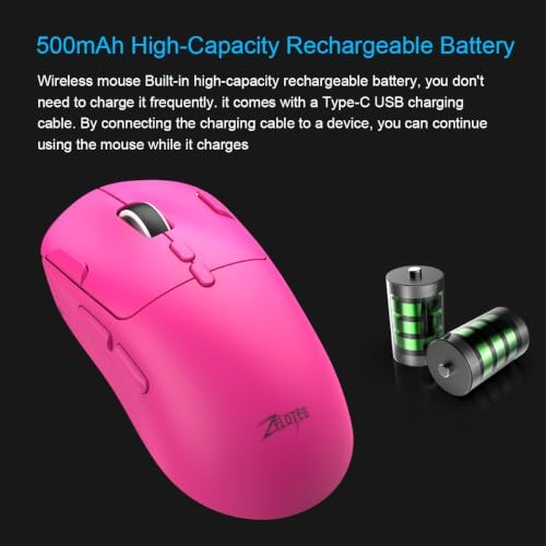 zelotes Gaming Wireless Mouse, Bluetooth Rechargeable with 9 Programmable Buttons,Ultra-Light 60g, 24,000 DPI, BT/USB 2.4G / Type-C, Ergonomic Optical Mouse for Laptop, PC,Office and Gamers (Pink)
