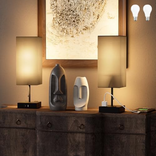 YIDPU Table Lamp for Bedroom with USB,Bedside Lamp with USB C+A Charging Ports,Adjustable 3color LED Light for Home Decor/Nightstand/Office,Included Bulb and Fabric Lamp Shade (Linen Black, 2PCS)
