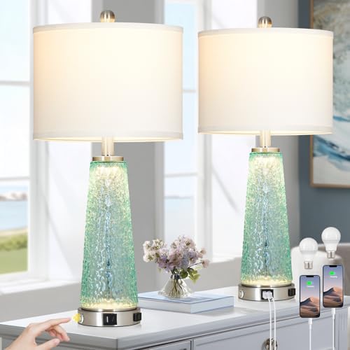 26" Coastal Table Lamps for Living Room, Glass Bedside Lamps with USB A+C Ports & Outlet, Nautical Cracked Glass Nightstand Lamp with Night Light for Bedroom End Table Blue Teal Turquoise Beach Ocean