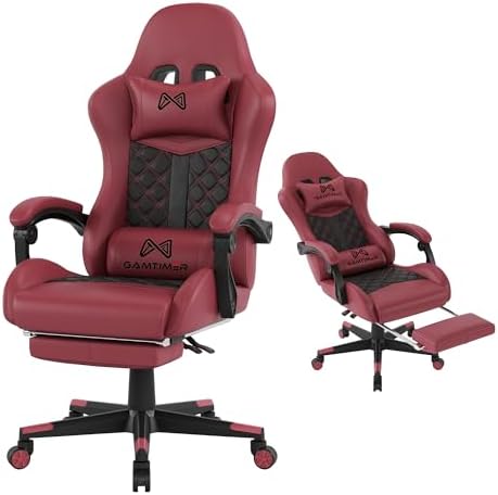 Gaming Chair,Computer Chair with Footrest and Lumbar Support,Breathable PU Leather,4D Lumbar Support and Headrest,360 Degree Swivel Chair with Adjustable Ergonomic Backrest for Adults(RED)