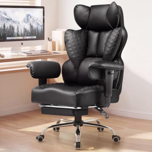 COMHOMA Big and Tall Office Chair Heavy Duty Gaming Chair with Deluxe Embossing Leather High Back Wider Ergonomic Computer Chair with Foot Rest 145°Reclining Pocket Spring Lumbar Support