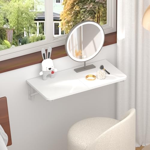 TEAMIX Wall Mounted Folding Desk for Small Spaces, White Floating Shelf