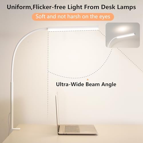 LED Desk Lamp for Office Home, Adjustable Flexible Eye-Caring Desk Light with,5 Modes 10 Brightness Adjustment, USB Adapter Desk Lamp with Clamp-LK-W