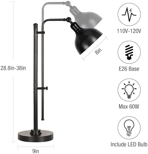 PARTPHONER Industrial Adjustable Desk Lamp for Home Office, Farmhouse Table lamp 29''-38'', Rustic Metal Task Desk Lamp in Aged Bronze Finish, Vintage Reading Lamp for Study Room，Black