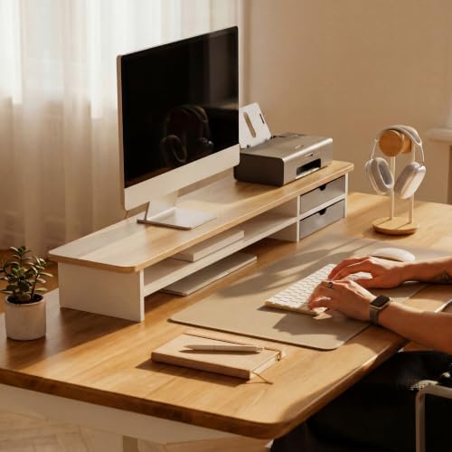 Fenge Monitor Stand, Desk Computer Riser with Frosted Storage Drawer, Oak