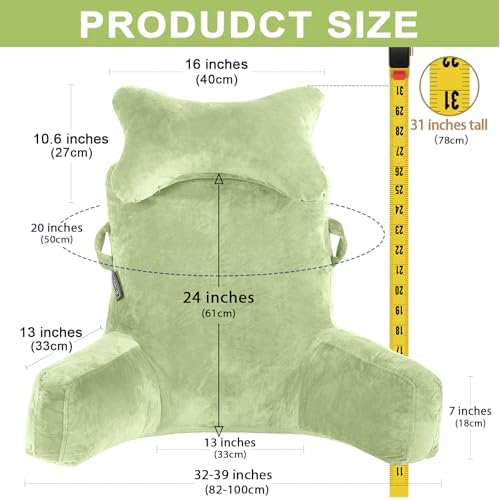 Reading Pillow-Extra Large 31" Bed Rest Pillow with Detachable Neck Roll & Arms for Sitting in Bed or Couch-Backrest Reading Pillow Adult Back Pillows for Reading/Watching TV/Gaming/Relaxing-Green