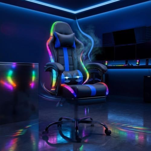 ECOTOUGE Gaming Chair with Footrest, Lumbar Massage & RGB LED Lights, Blue