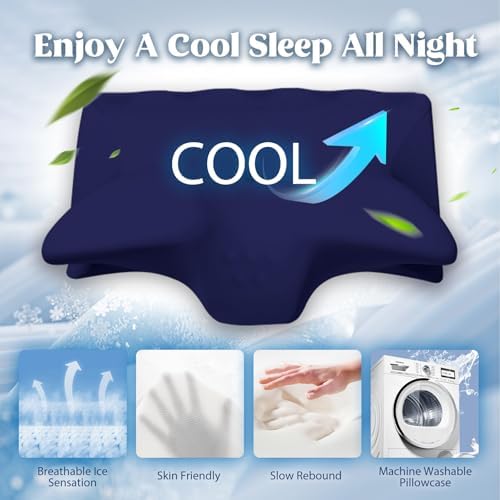Cooling Contour Memory Foam Pillows Support Odorless Ergonomic Neck Pillow Adjustable Orthopedic Bed Pillow for Side Back Stomach Sleeper Cervical Pillow for Neck Pain Relief,with Pillowcase,Navy
