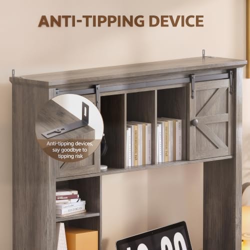 Large Desktop Bookshelf with Sliding Barn Door, 47.2''W Desk Shelf