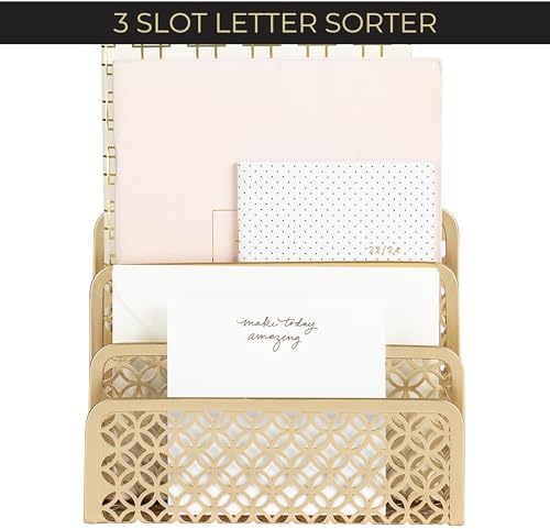 BLU MONACO | Gold Desk Mail Organizer with Three-Tier Letter Holder | Metal Mail Sorter for Home Office | Powder-Coated Finish | 10.5 x 3.25 x 5 Inches