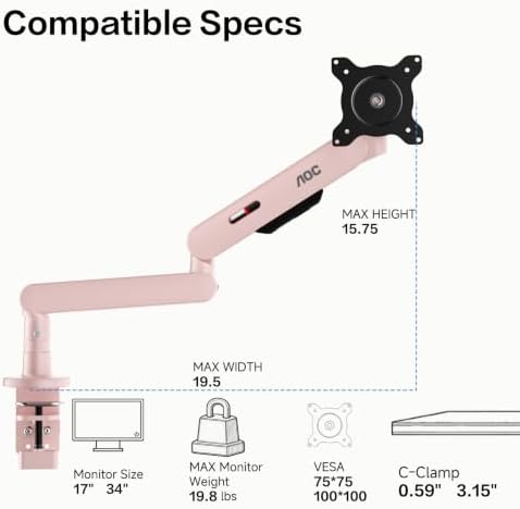 AOC 406PLUS Premium Aluminum Single Monitor Arm, Fits 13–34 Inch and 19.84 lbs, Mechanical Spring Desk Mount,C-Clamp,Low-Profile Gaming Bracket Enables Screen to Sit Close to Desktop (Pink)