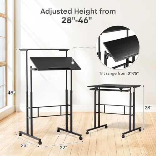 Athena Collection Rolling Standing Desk Small Mobile Table, Black