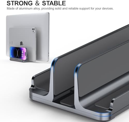 YICOSUN 3-Slot Aluminum Vertical Laptop Stand for Desk - Adjustable Width Dock for MacBook, Surface, Samsung, HP, Dell up to 17.3 inches - Space-Saving & Protective Design - Gray