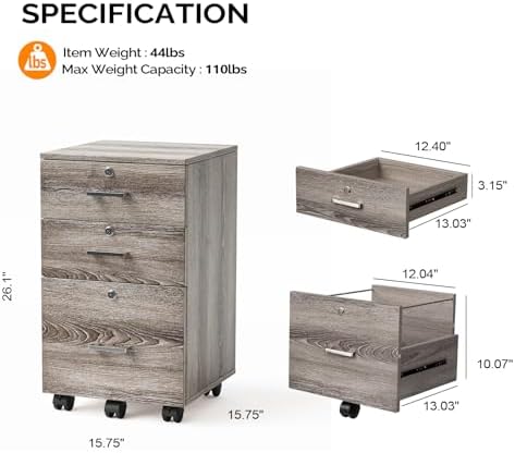 VINGLI 3-Drawer File Cabinet with Lock, Wood Rolling Filing Cabinets for Home Office, Mobile Printer Stand, Under Desk File Organizer for Letter Sized Files, 26" H(Caster Included),Gray Oak