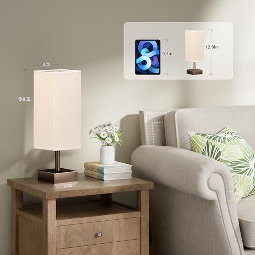aooshine Browm Small Bedside Lamp for Bedroom - Square Beige Fabric Shade