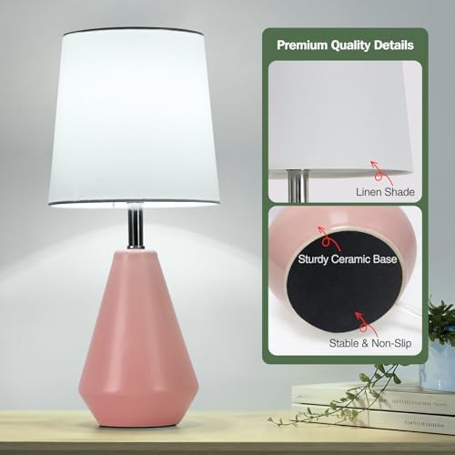Small Bedside Table Lamp for Bedroom - Reading Desk Lamp with 3 Color Temperatures，15.5" Nightstand Ceramic Lamp with Fabric Shade for Kids Room,Living Room,Dorm,Home Office (Pink+White)