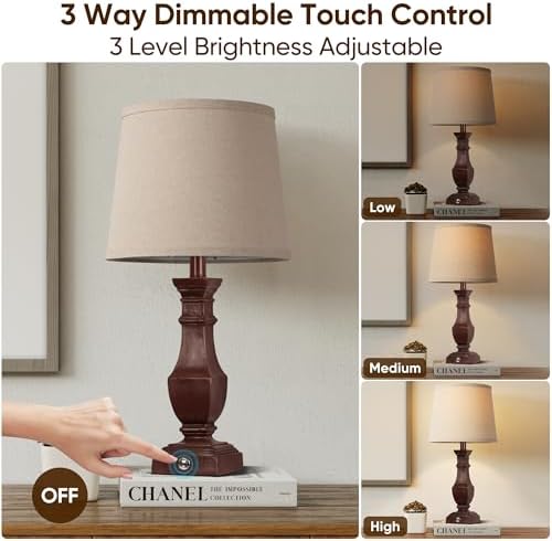 ROTTOGOON Dimmable Table Lamps Set of 2, Rustic Farmhouse Table Lamps for Living Room Bedroom, Bedside Desk Lamps for end Tables, Touch Lamps for nightstand, 9W Bulbs Included, 22", Antique Red