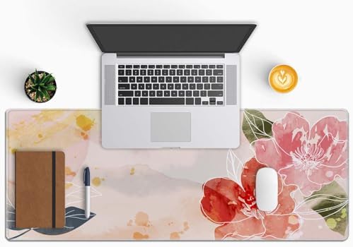 Desk Mat Watercolor Floral Desk Accessories Girls Extended Gaming Mouse Desk Pad Decorations for Women Office Keyboard Mousepad Mat 31.5x11.8in, Stitched Edge Non-Slip Bottom Large Mouse Pad for Desk