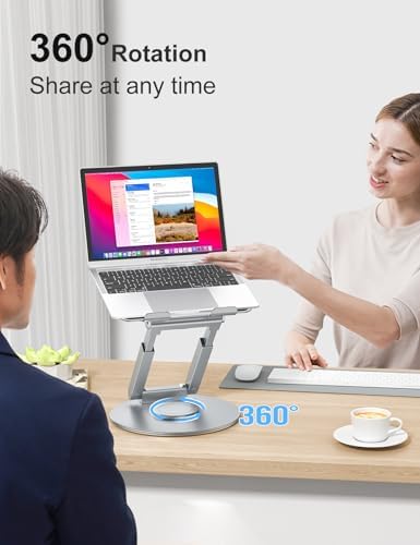 tounee Telescopic Laptop Stand for Desk with 360° Swivel Base, Sit to Stand, Height Adjustable, Portable Riser Holder for Good Posture, Compatible with All Laptops 10-17"-Silver