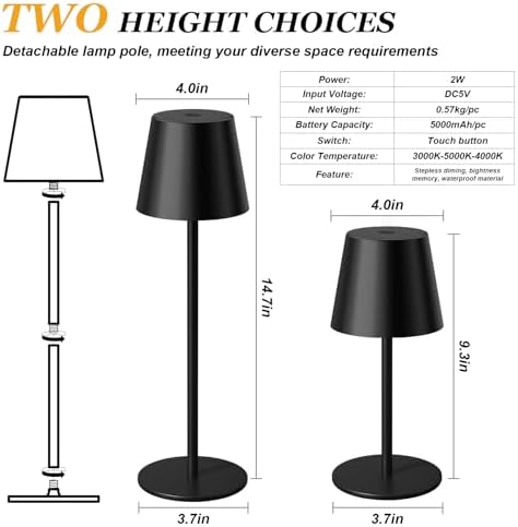 Kakanuo Black Cordless Table Lamp Rechargeable, 4 Pack Set Battery Operated