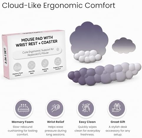 THONIV - Cloud Wrist Rest for Keyboard and Mouse, Soft Memory Foam Support with Non-Slip Base, Cute Cloud Design for Typing, Gaming, Office, Bonus Coaster Included for Desk Aesthetic (Purple Gradient)