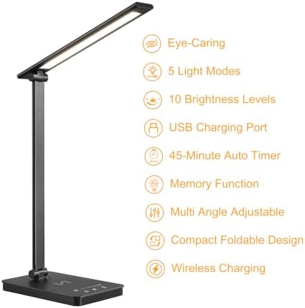 LED Desk Lamp, USB Charging Port Touch Control for Home Office 5 Color Modes with Timer,Adjustable Arm,Wireless Charging, 10 Dimmable Eye-Caring Table Light with Data Cable for Work Study