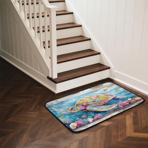 Summer Ocean Turtle Wood Door Mat Kitchen Mats, Indoor Outdoor Rugs, Cushioned Anti Fatigue Absorbent Kitchen Rug, Non-Slip Standing Desk Mat, Front Door Rug for Floor, Bathroom, Sink, 20"×39"