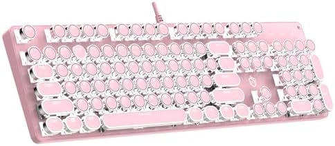 Typewriter Mechanical Gaming Keyboard with RGB Backlit Red Switches, 104 Keys Retro Round Keycap, Wired Typewriter Style Comfortable Typing Soud (Pink)