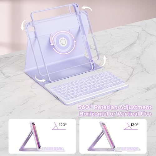 YBING Keyboard Case for iPad 10th Gen 10.9 inch(2022) & 11th Gen(A16, 2025), 7-Color Backlit Detachable Keypad & Rotatable Magnetic Case with Pencil Holder (Purple)
