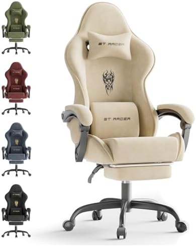 Huracan Ergonomic Gaming Chair with Massage Lumbar Cushion, High‑Back Reclining Velvet Fabric Chair with Footrest for Home Use, Adjustable Racing‑Style Gamer Chair for Work and Streaming, Beige