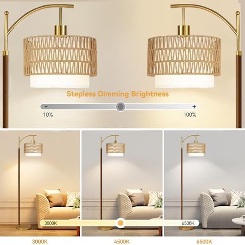 ZECOXOL Boho Floor Lamps for Living Room Rattan Floor lamp with Remote Control & 3 Color Temperatures,Vintage Wood Mid Century Modern Standing Lamp Dimmable Tall Floor Lamp for Bedroom Corner