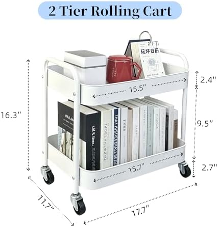 2 Tier Short Rolling Cart with Wheels for Under Desk Storage & Pantry Storage, Large Capacity Metal Kitchen Utility Cart for Small Space, Laundry Room Organizer Side Table with 4 Hooks, White