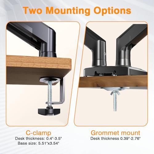 Dual Monitor Arms, Gas Spring Monitor Arms for 2 Monitors up to 34" Curved/Flat, 22lbs per Arm, VESA Mount 75x75 100x100mm, C-Clamp & Grommet Base, Adjustable Tilt/Swivel/Rotation