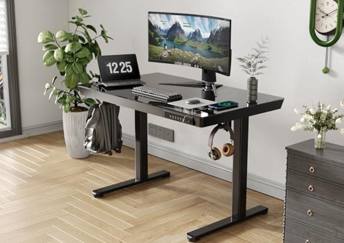 Claiks Glass Standing Desk with Drawers & USB Ports 40x24 Inch, Black