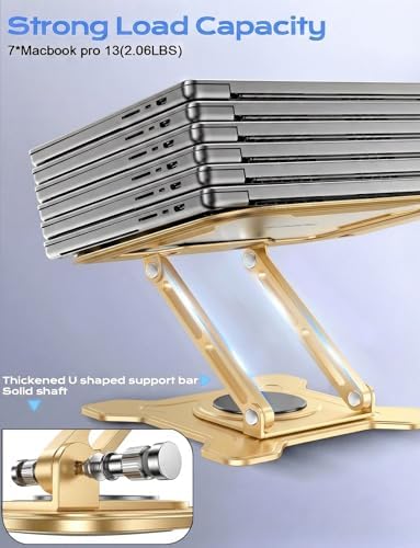JCZT 360° Rotating Laptop Stand for Desk, Metal Foldable Laptop Riser, Gold