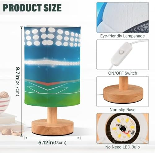 Bedside Lamp Soccer Ball on Field Table Lamp for Bedroom LED Nightstand Lamp Shade USB Ports Wood Base for Living Room Dorm Office