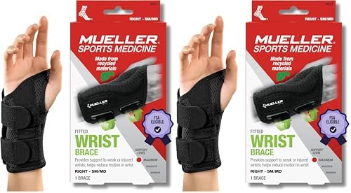 MUELLER Sports Medicine Green Fitted Wrist Brace for Men and Women,Wrist Pain Relief Support,Ideal for Carpal Tunnel,Tendonitis,Arthritis,Right Hand,Black,Small/Medium,(Pack of 2)