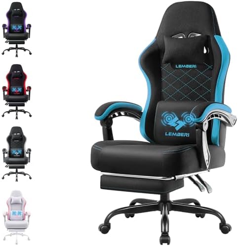 LEMBERI Gaming Chair, Fabric Big and Tall Video Game Chairs with Footrest, Massage Lumbar Support, Racing Style Ergonomic Computer Gamer Chair with Adjustable Headrest (Blue)