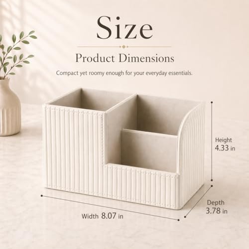 KINGFOM Desk Pen Organizer Office Supplies Caddy Pu Leather Multi-function Storage Box Pen/Pencil,Cell phone, Business Name Cards Remote Control Holder (Ivory White)