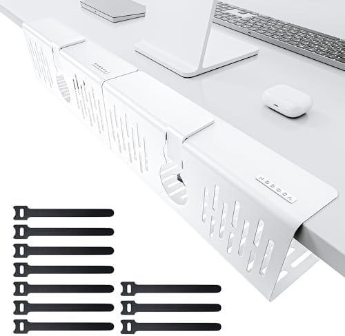 NODOCA No Drill Under Desk Cable Management Tray, 14'' Wire Management, Punch-Free Clamp on, Metal Cable Tray, Wire Organizer Under Desk, Under Desk Basket for Office and Home, White(2 Packs)