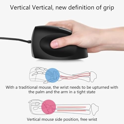 Yunseity Vertical Mouse USB Wired Ergonomic Mouse with 3 Buttons and 4.4ft Cable for PC Laptops Ergonomic Design 60 Angle Lightweight Optical Tracking