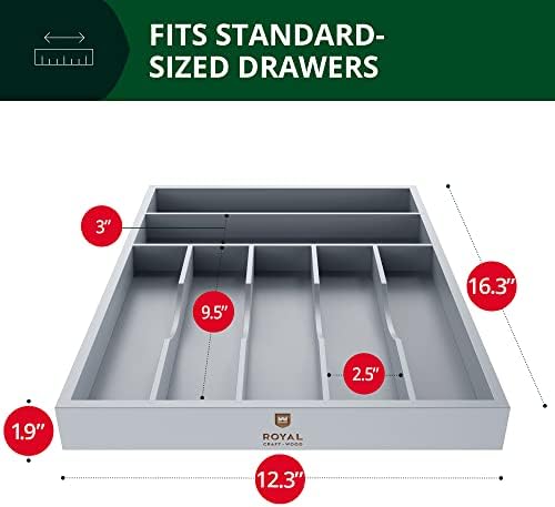 ROYAL CRAFT WOOD Luxury Bamboo Kitchen Drawer Organizer - Silverware Organizer - Utensil Holder and Cutlery Tray with Grooved Drawer Dividers for Flatware and Kitchen Utensils (7 Slot, Gray)